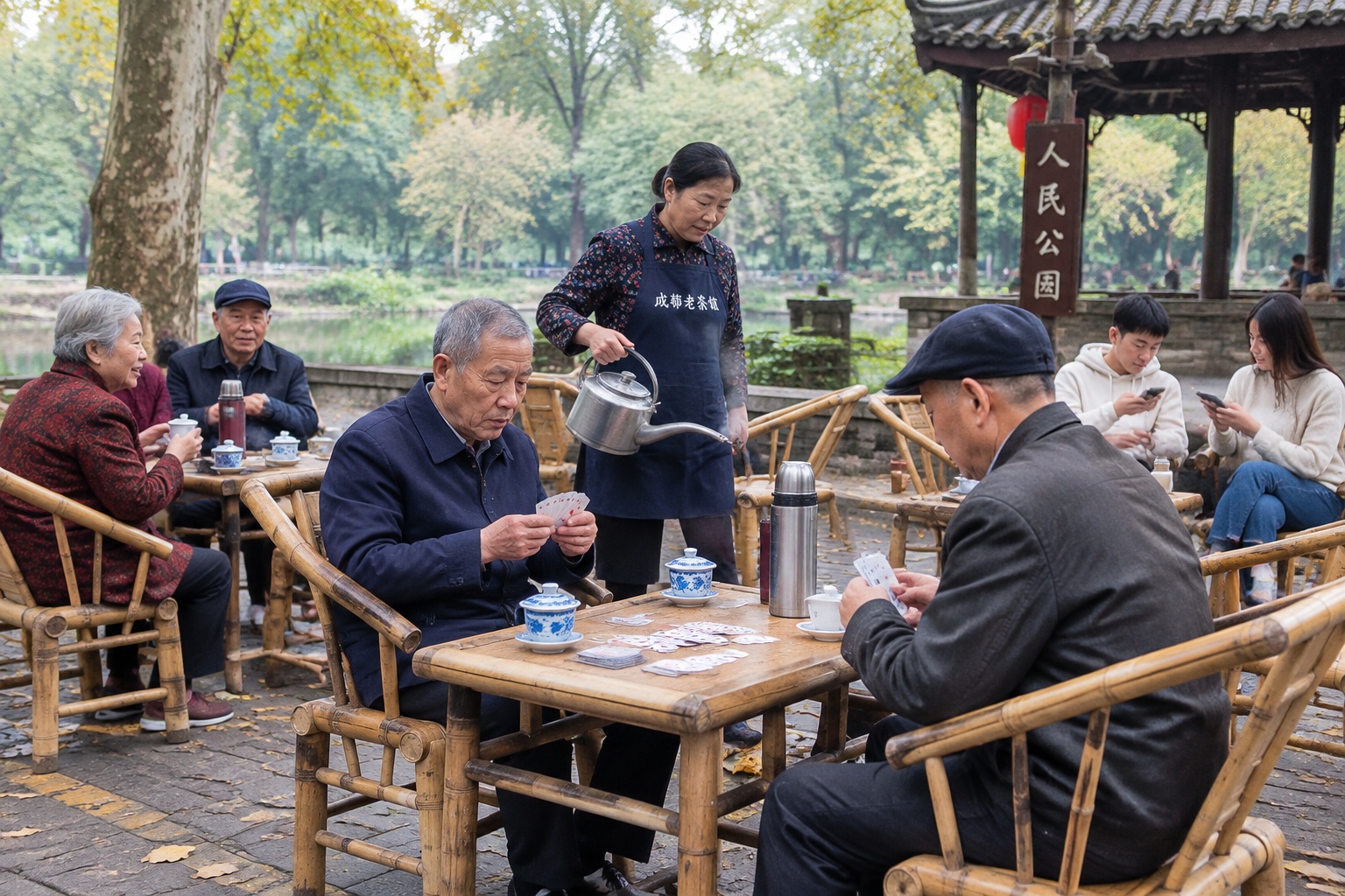 Retirees drinking tea and playing cards in bamboo chairs at an outdoor teahouse in People's Park, Chengdu