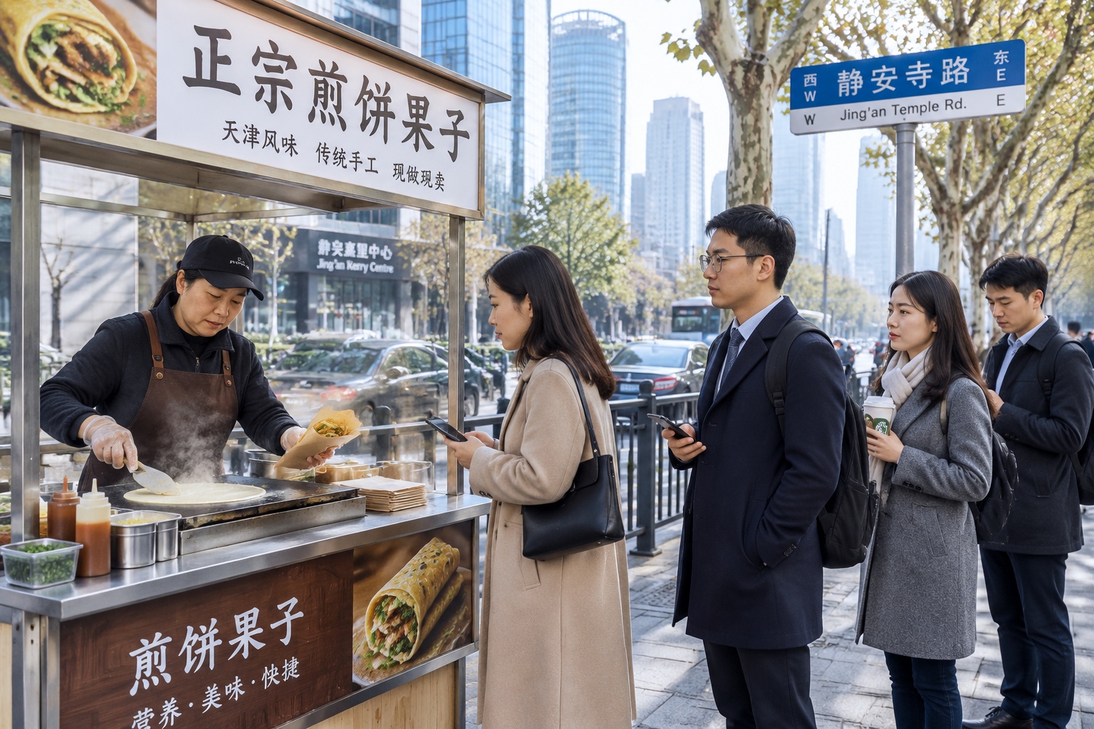 Morning jianbing breakfast stall in Shanghai's Jing'an district with office workers queueing in front of glass office towers