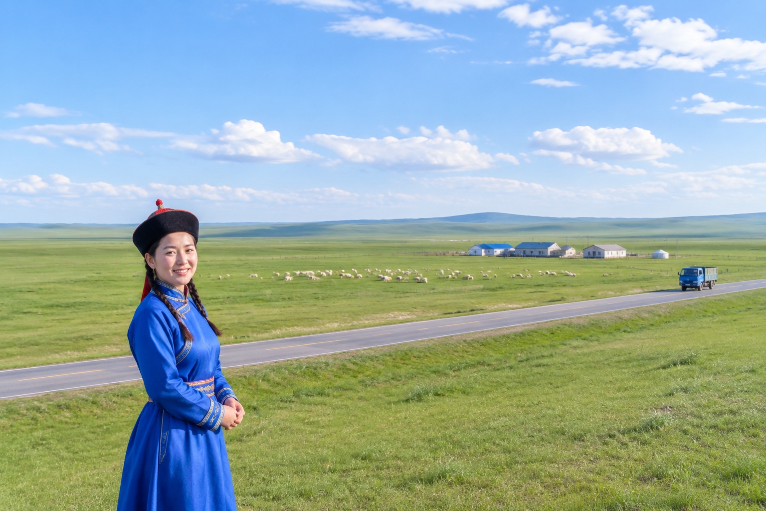 Wide view of the Hulunbuir grassland in Inner Mongolia with a small road, a few low buildings and grazing sheep under a broad sky