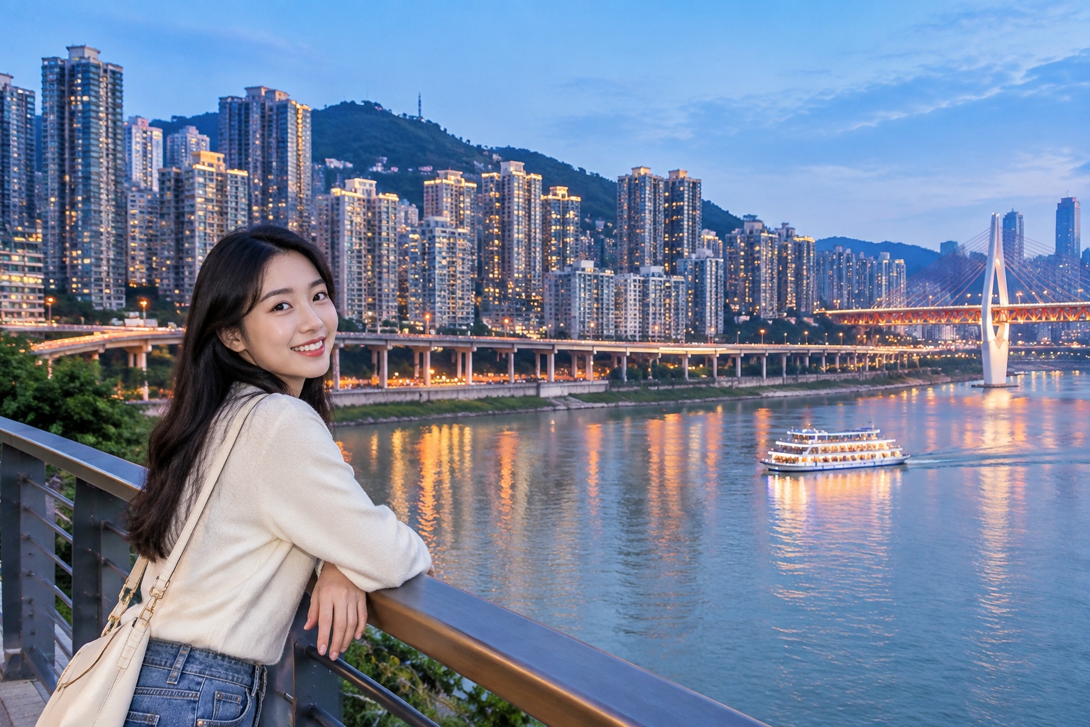 Dense high-rise apartment towers along a river in Chongqing at dusk, with an elevated road and a bridge carrying traffic