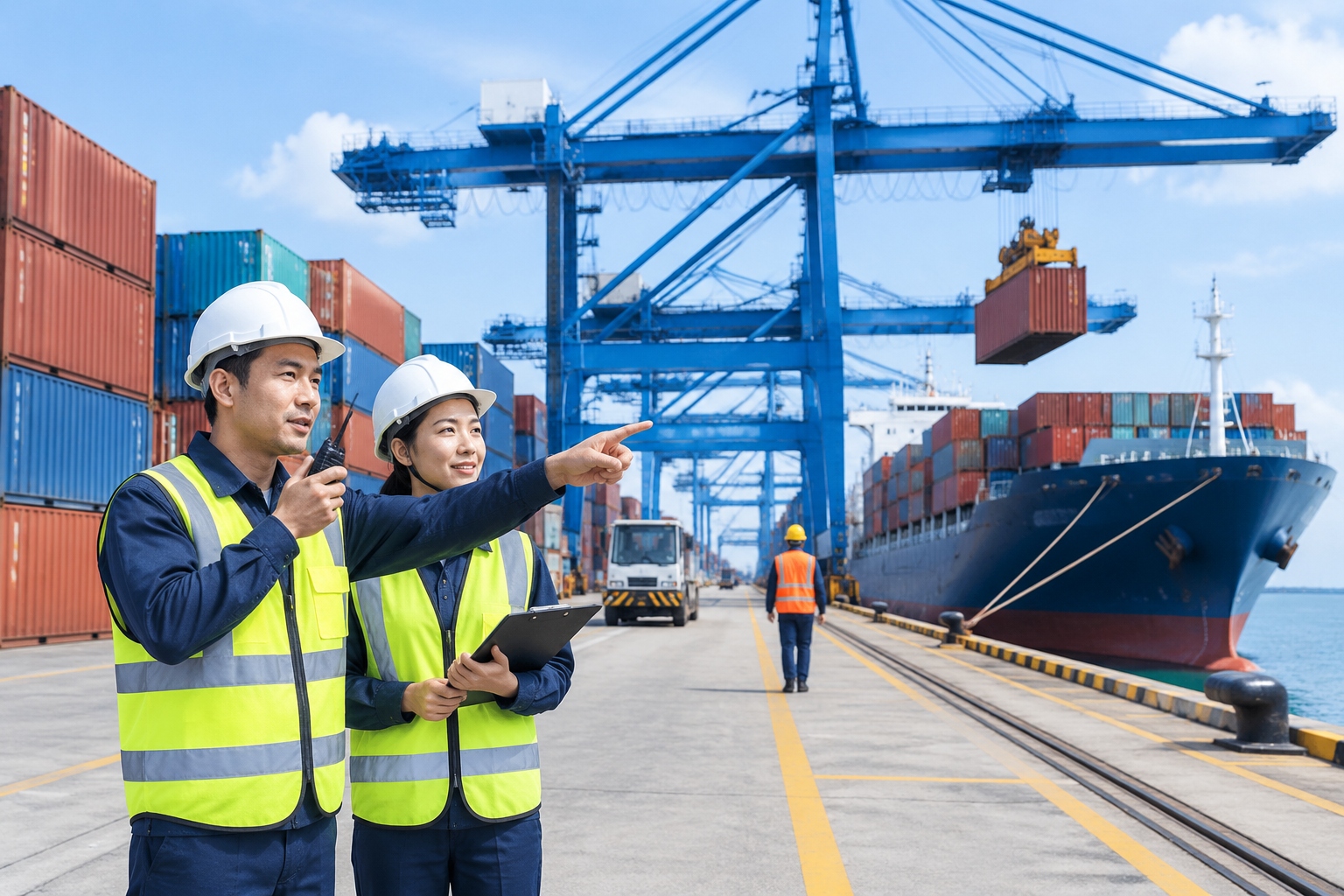 Container terminal at a port in southern China with stacked containers and gantry cranes loading a cargo ship