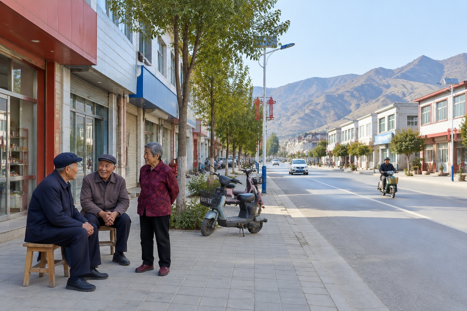 Everyday main street of a small county town in Gansu, northwest China, with small storefronts, parked electric scooters and older residents on the sidewalk