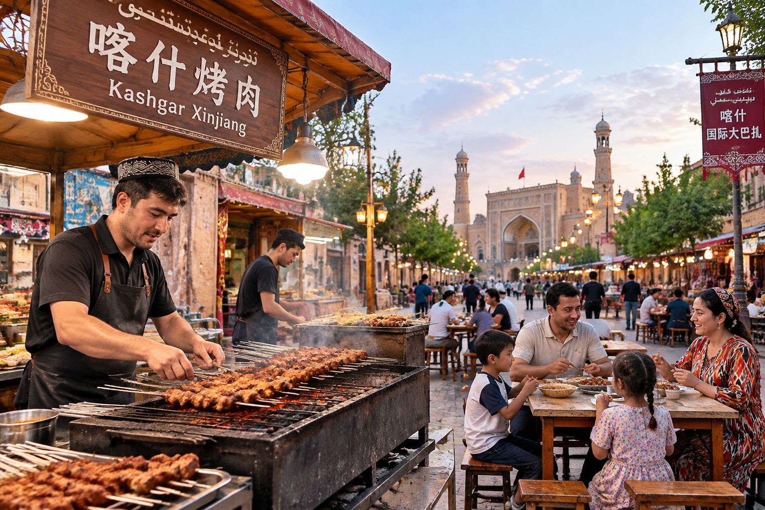 Outdoor food stalls in Kashgar, Xinjiang, still busy at 9:30 p.m. with daylight still in the sky