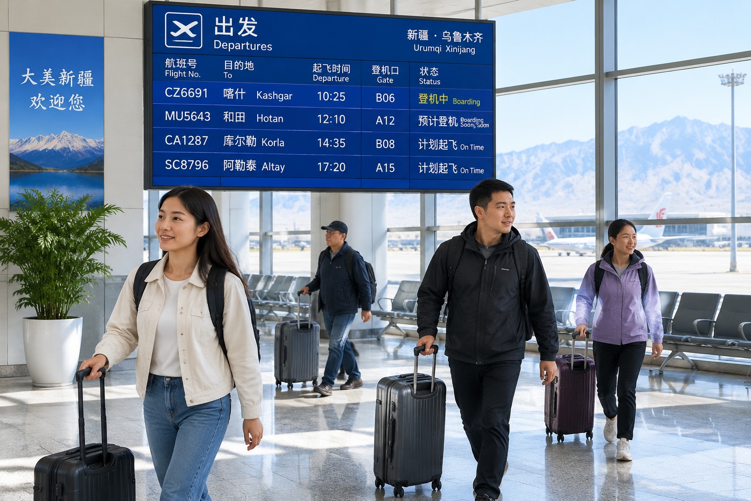 Departure board at a regional airport in Xinjiang listing domestic flights to Kashgar, Hotan, Korla and Altay