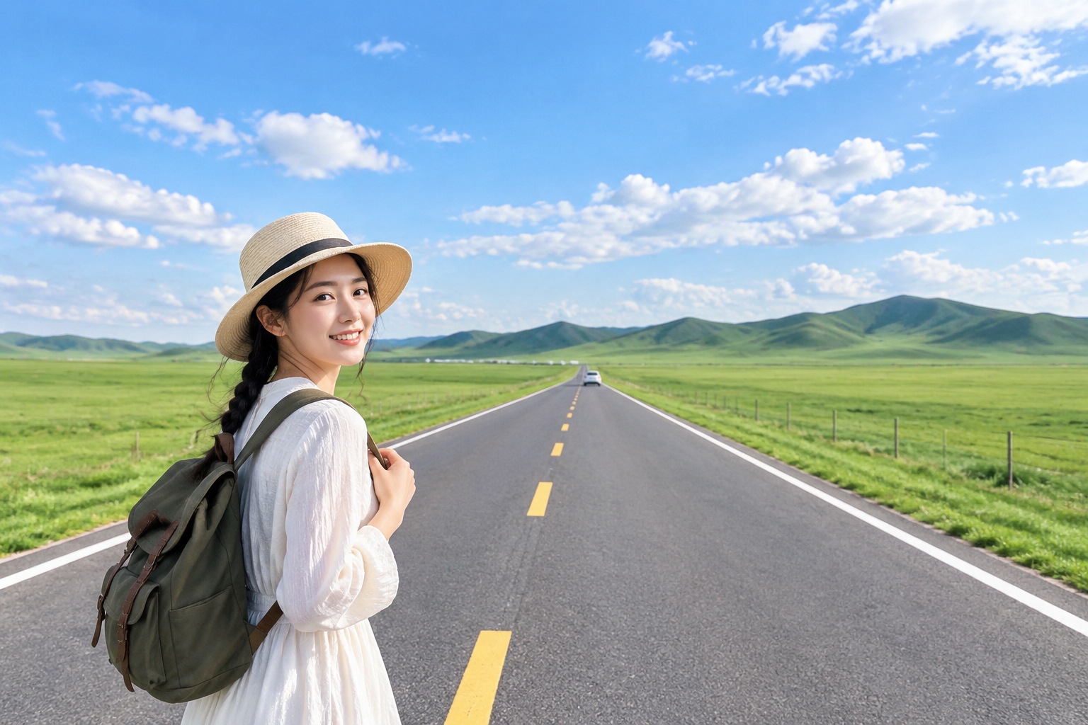 A two-lane highway crossing open Inner Mongolia grassland under a wide summer sky