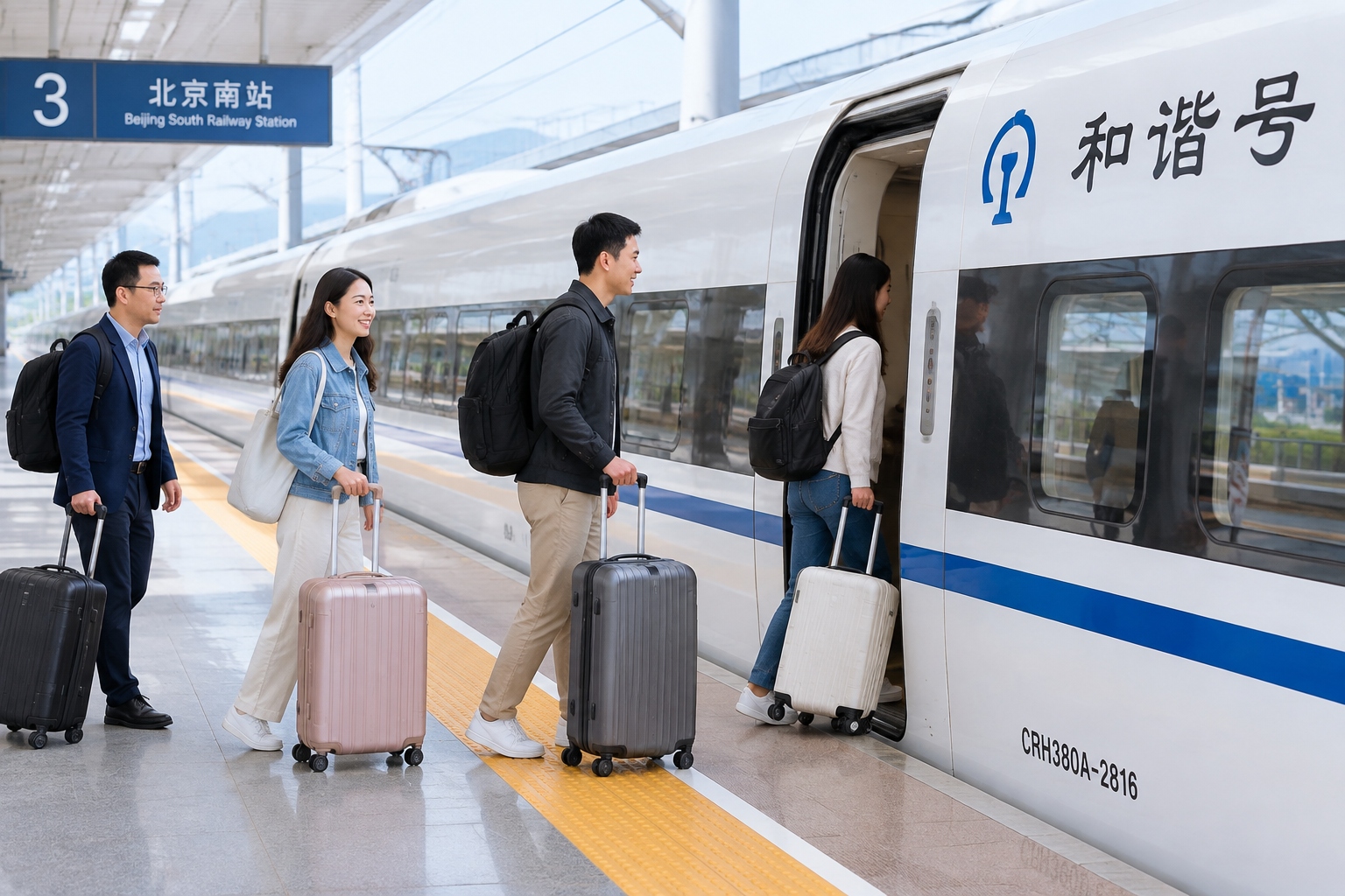 A white Chinese high-speed train waiting at a station platform while passengers with luggage board through open doors