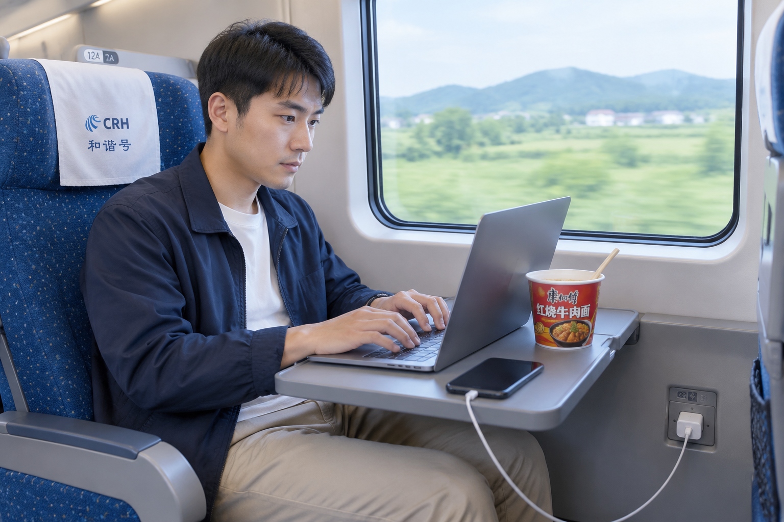 A passenger works on a laptop at a tray table inside a Chinese high-speed train carriage, with instant noodles and a phone charging nearby
