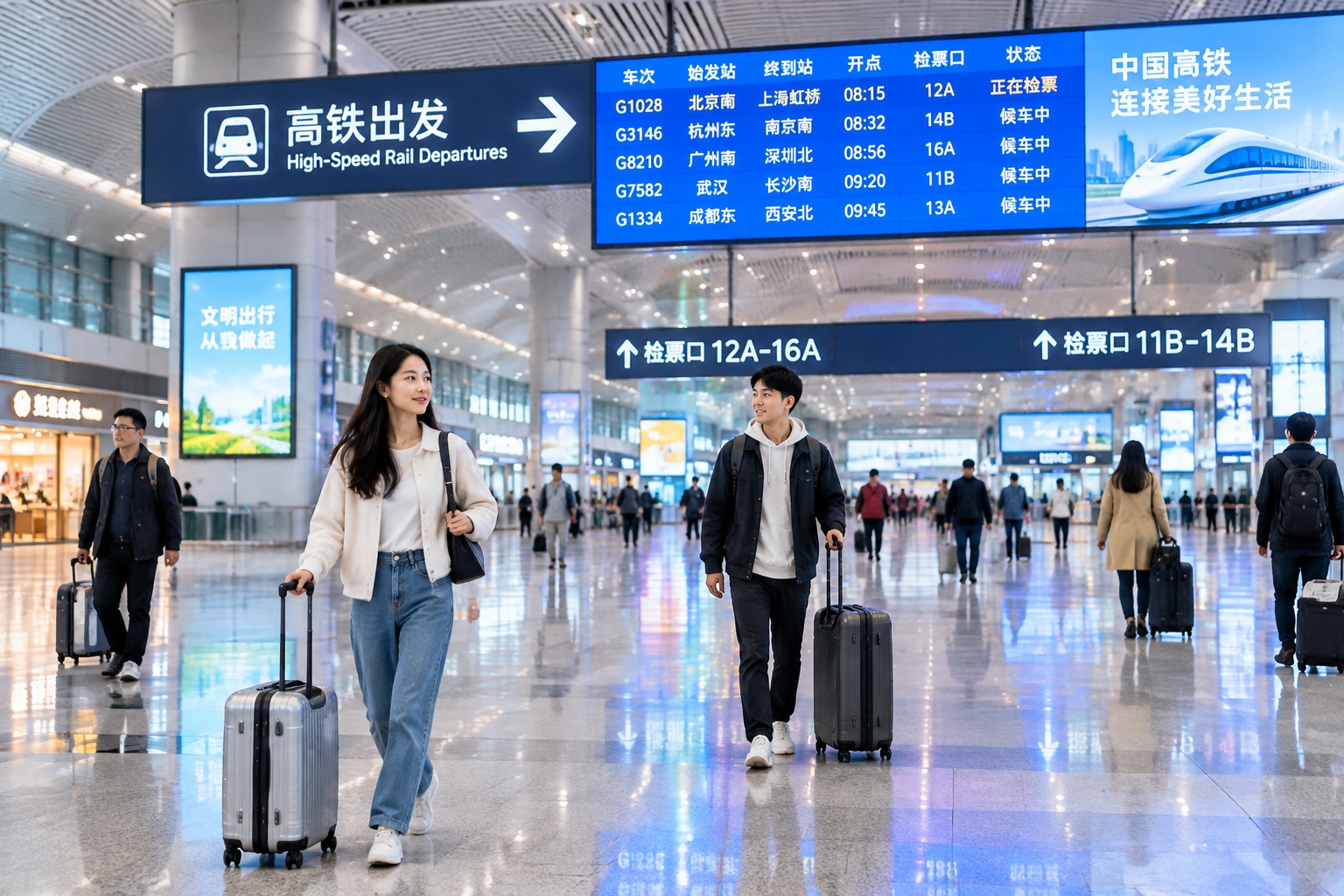 Travelers with suitcases walking through the vast illuminated concourse of a modern Chinese railway station at night