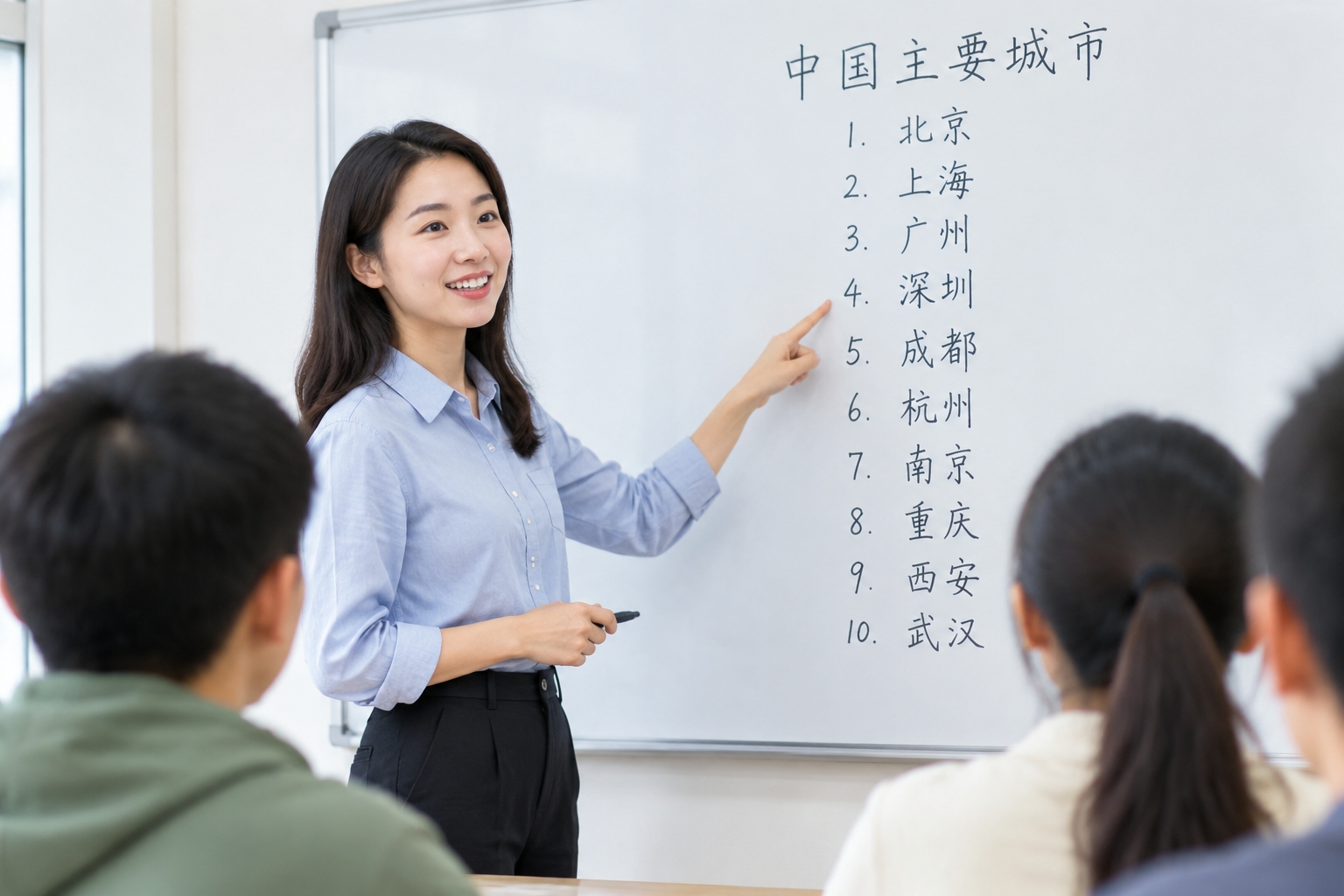 A whiteboard in a Seoul classroom shows a handwritten list of Chinese cities that students could name, with a teacher pointing at the list.