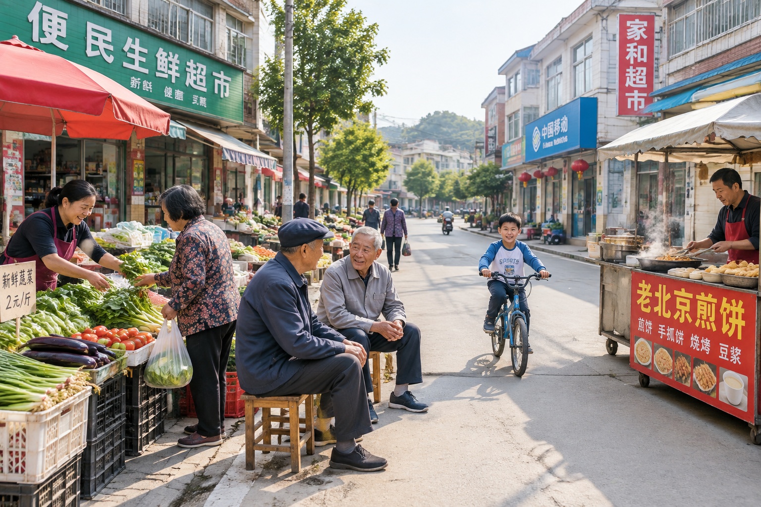 A street market in a small Chinese city with locals shopping and chatting, showing everyday life in one of China's hundreds of lesser-known cities.