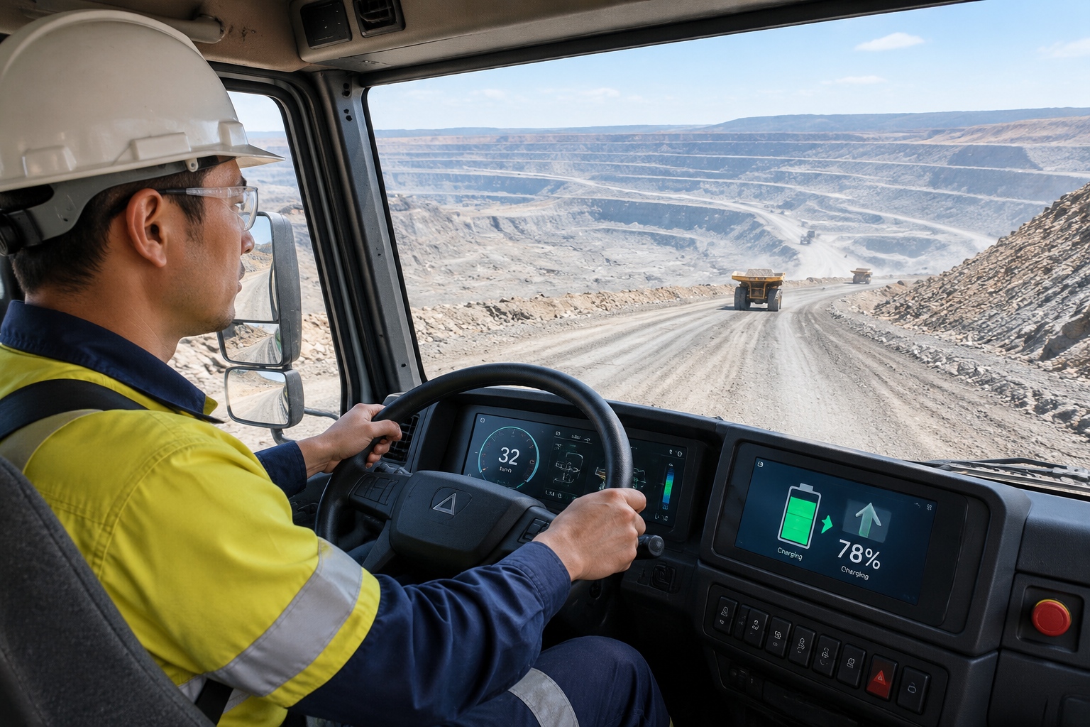 Inside the cab of an electric mining truck, the dashboard shows battery charge increasing during a downhill descent in an open-pit mine.