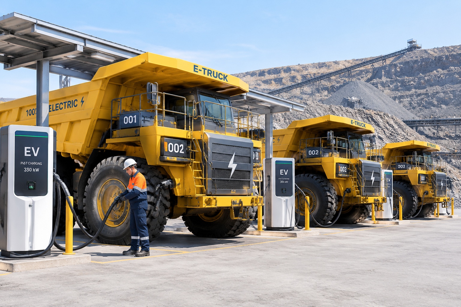 Electric mining trucks parked at a high-power charging station at an open-pit mine, with a technician inspecting cables.