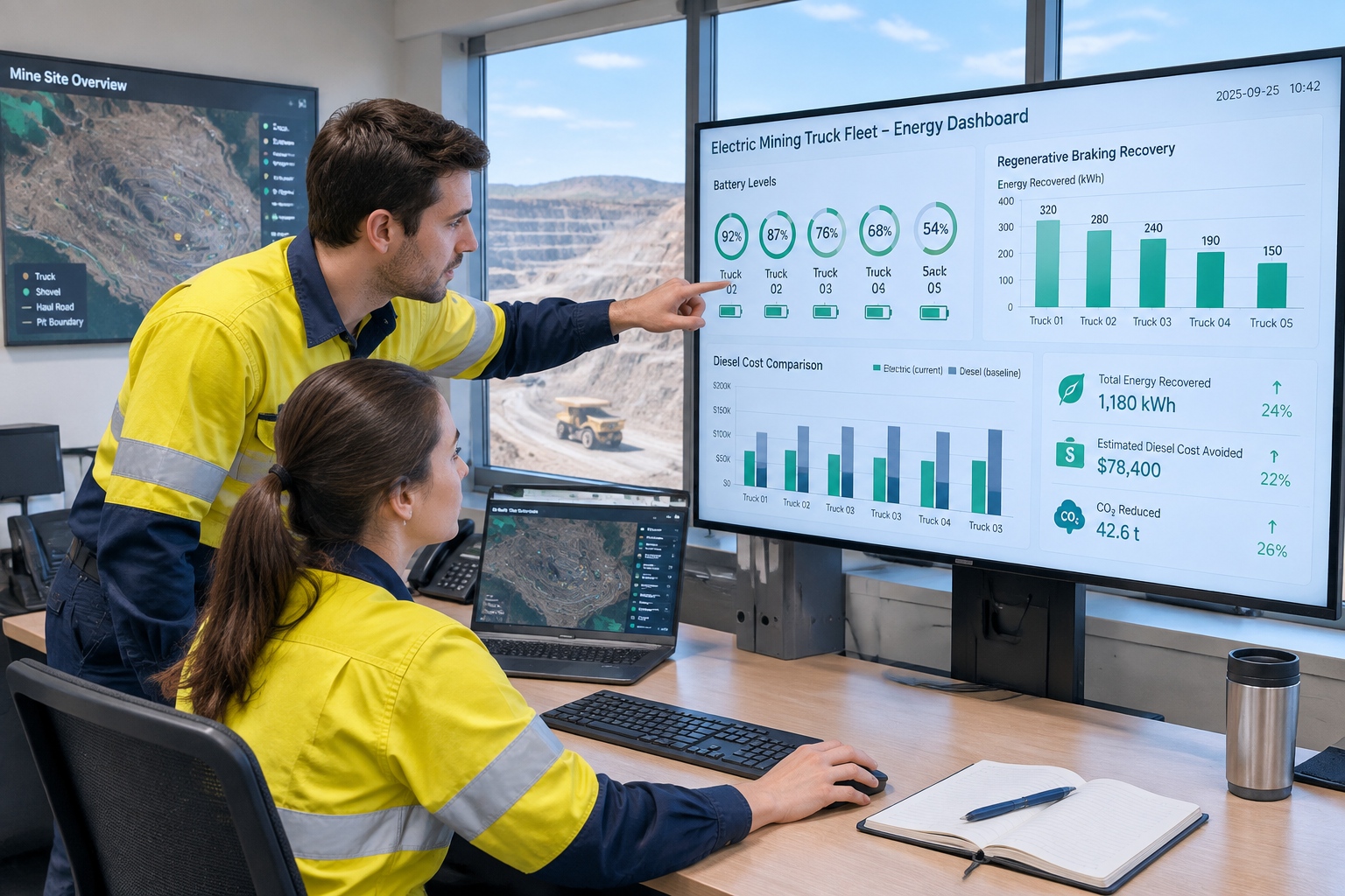 Engineers in a mine dispatch center review real-time energy data from electric mining trucks on a large screen.