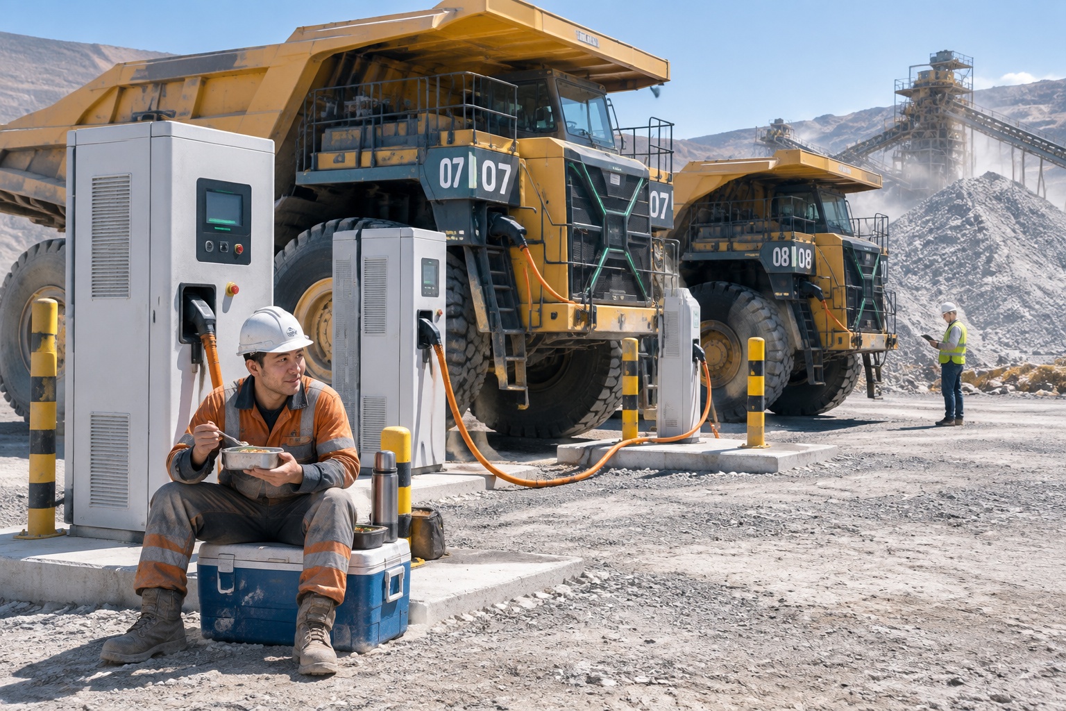 Two electric mining trucks charging side by side at a mine charging bay while a driver eats lunch beside the charger