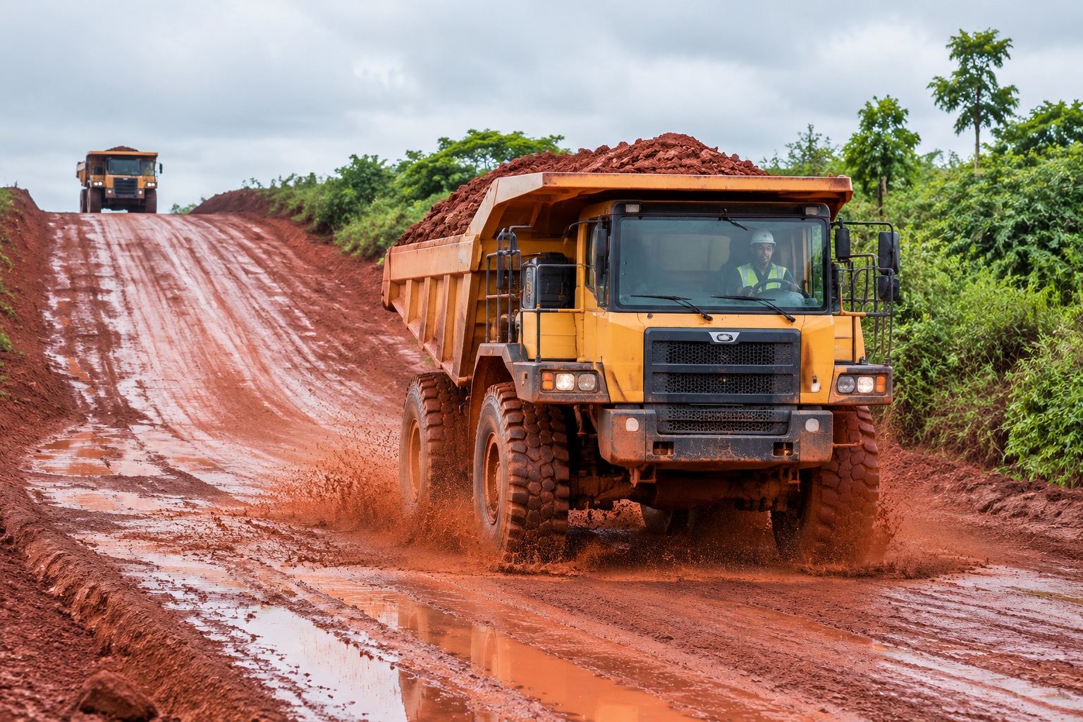 Loaded electric haul truck descending a wet red laterite road at a bauxite mine in Guinea during the rainy season