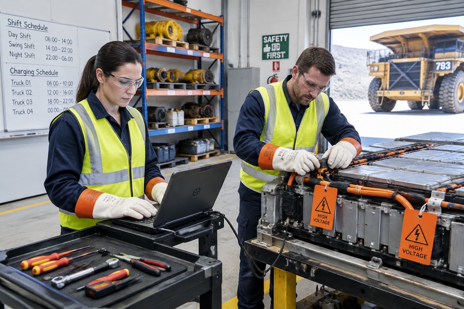 Technicians with insulated gloves running battery diagnostics on an electric mining truck in a workshop