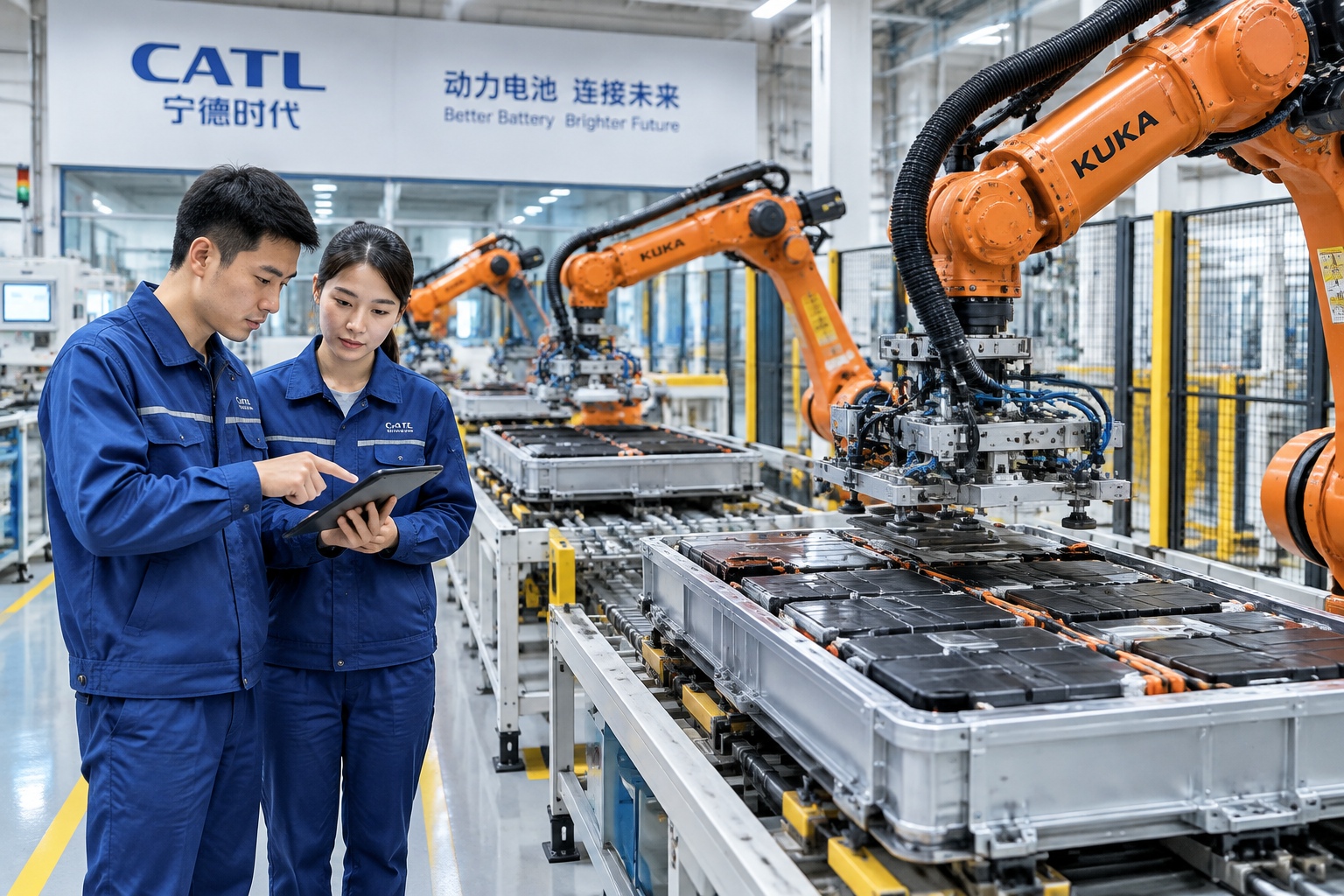Industrial robotic arms assembling battery modules in a modern Chinese factory while engineers monitor the line.