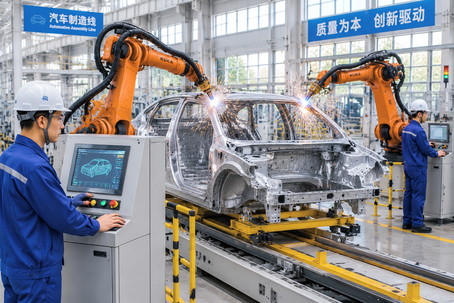 Robotic arms weld a car frame on a Chinese automotive assembly line as workers monitor control panels.