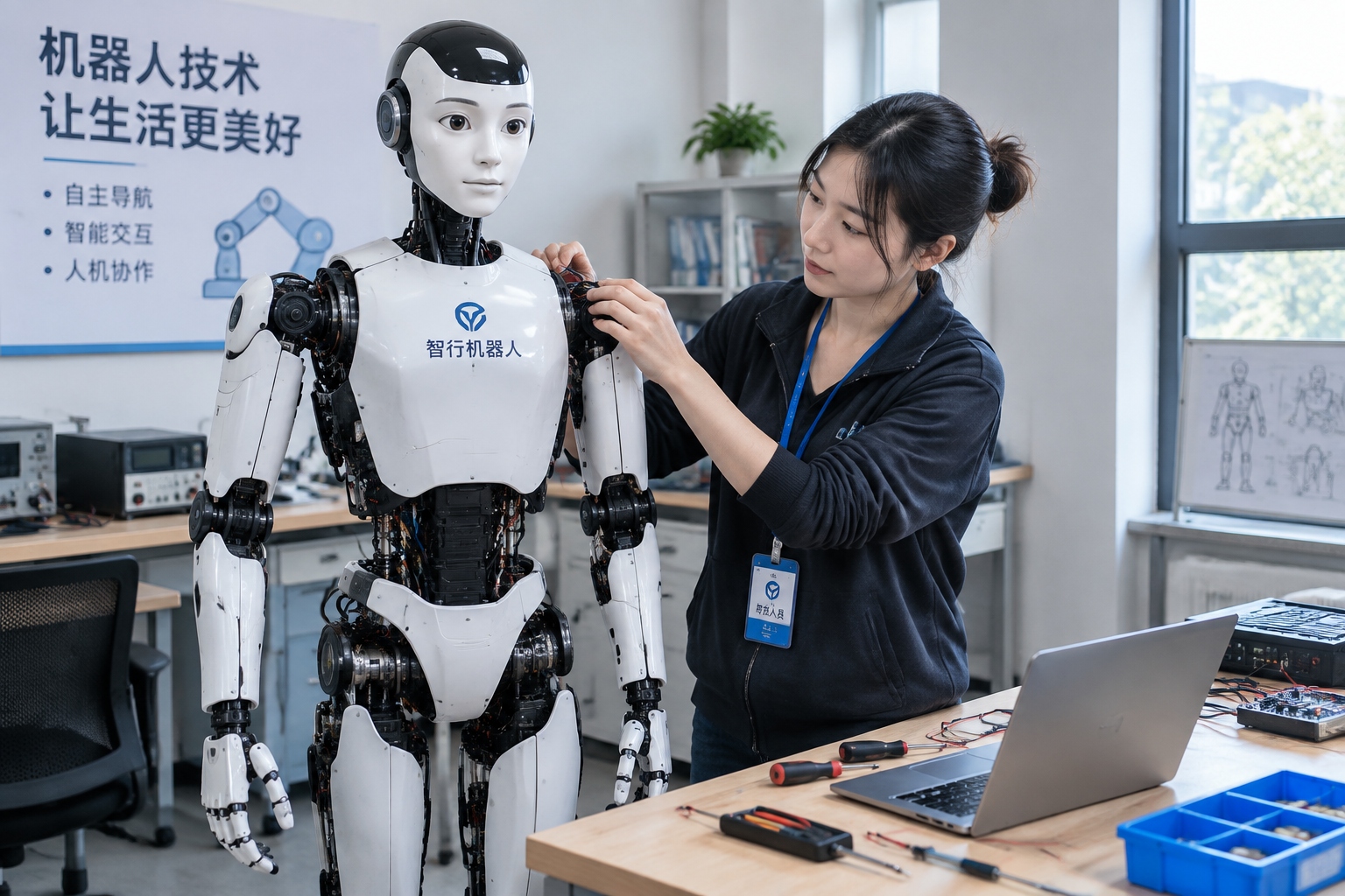 A humanoid robot prototype stands beside a young engineer in a Chinese robotics laboratory.