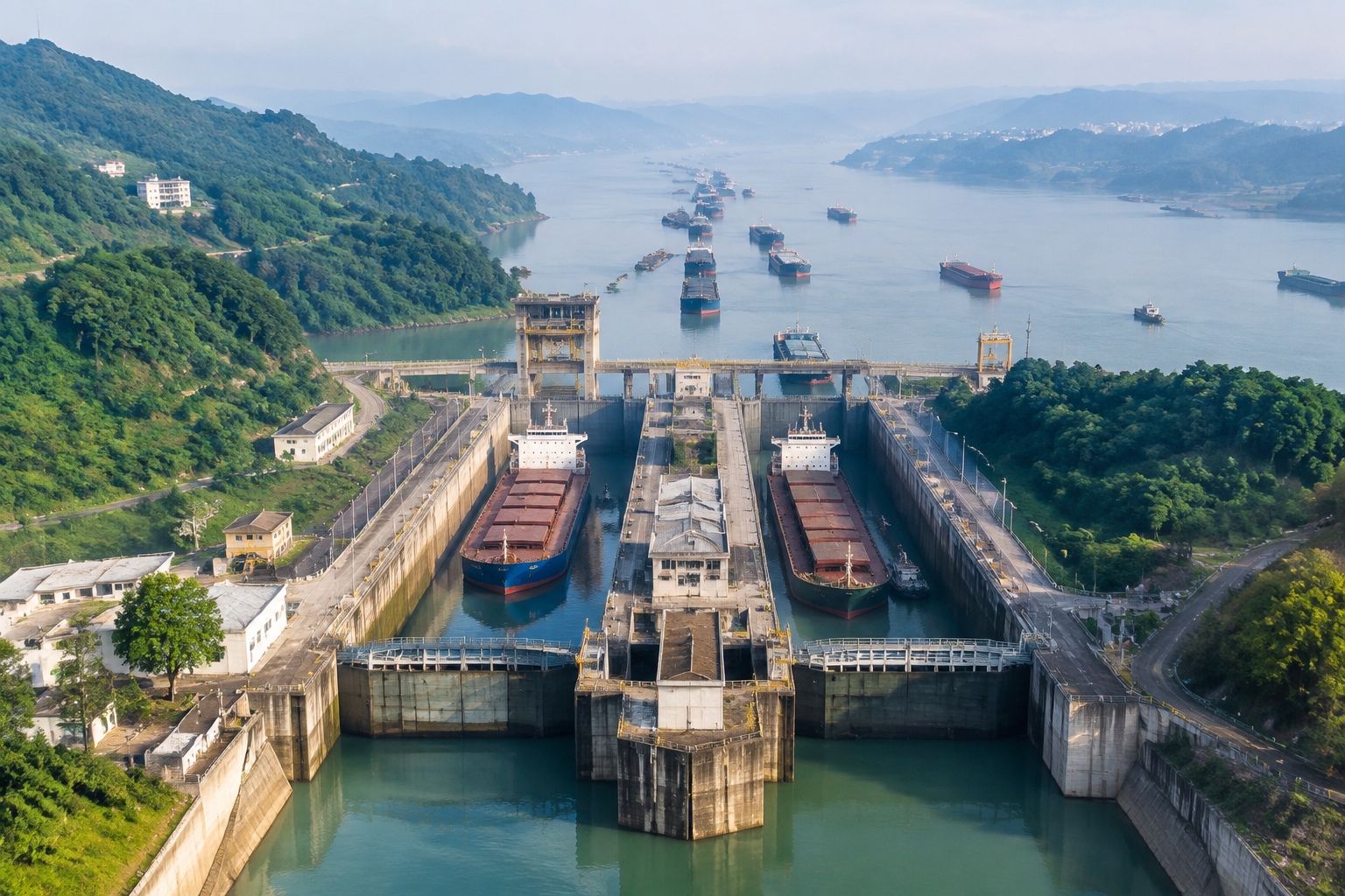 Ships filling the lock chambers of the Three Gorges ship lock on the Yangtze, with more cargo vessels queued on the river behind them
