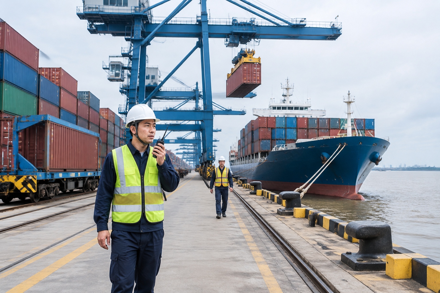 Container terminal on the lower Yangtze near Suzhou with stacked containers, gantry cranes and a feeder ship at the berth