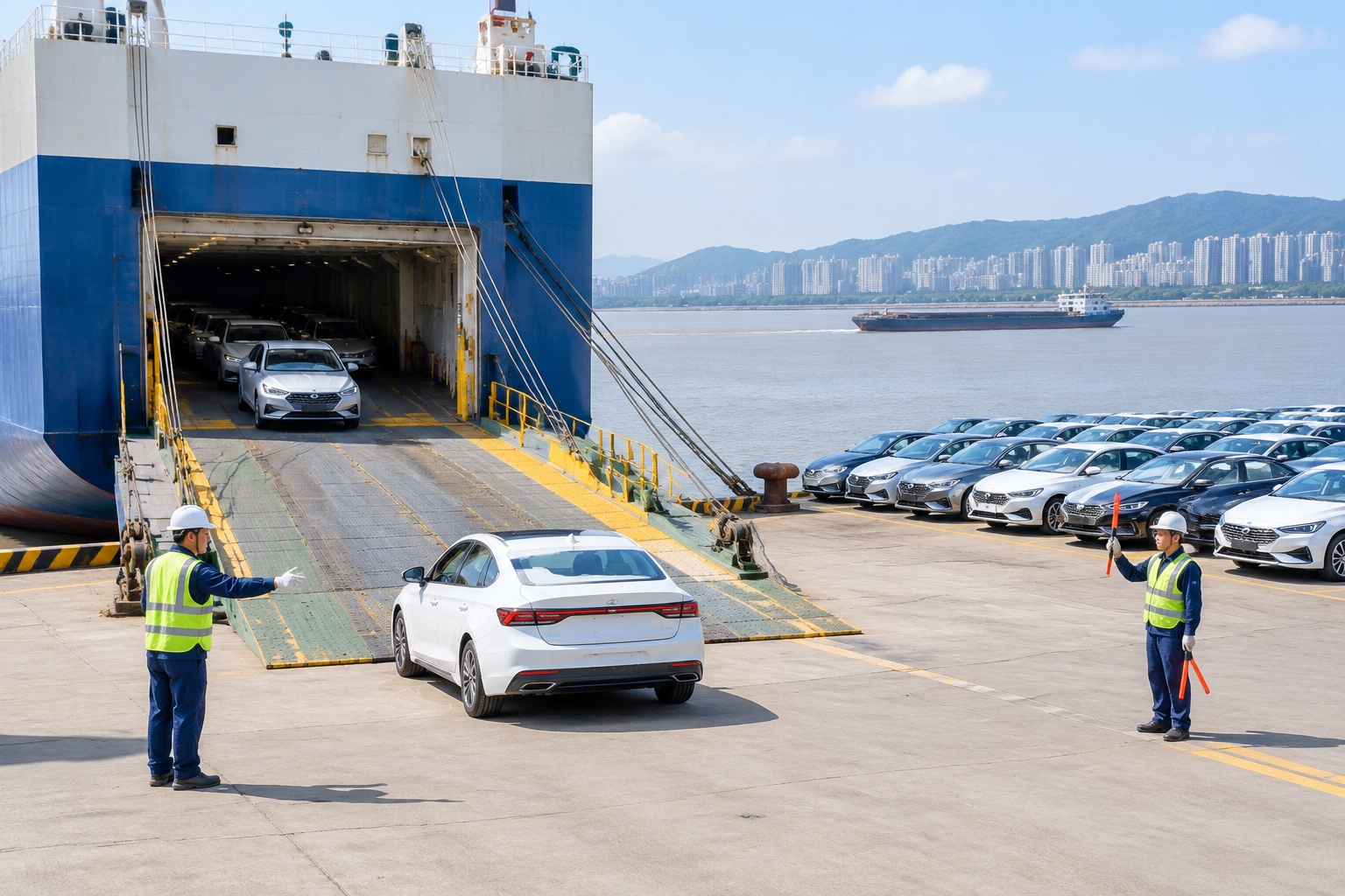 Roll-on roll-off car carrier loading new sedans at a Yangtze river port, with rows of vehicles waiting on the quay