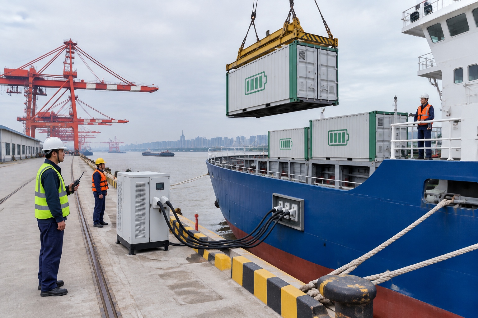 Battery-powered container ship connected to shore power at a Yangtze terminal while a battery container is lifted aboard