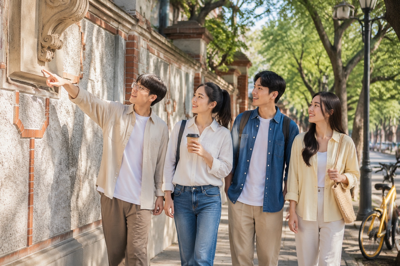 Citywalk Is the New Clubbing: How Young Chinese Are Reclaiming Their Streets 22 Young Chinese friends enjoy a leisurely citywalk in Shanghai's Former French Concession, pointing at architectural details and holding coffee.