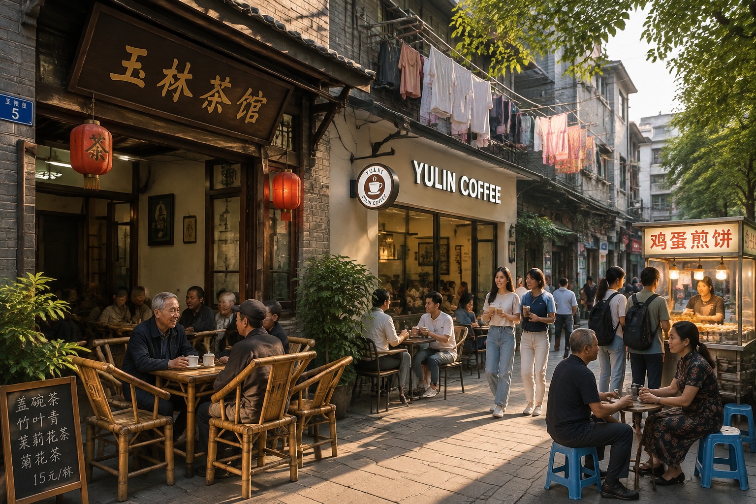 Citywalk Is the New Clubbing: How Young Chinese Are Reclaiming Their Streets 23 Young and old residents share an alley in Chengdu's Yulin district during a citywalk, where traditional teahouses and modern cafes coexist.