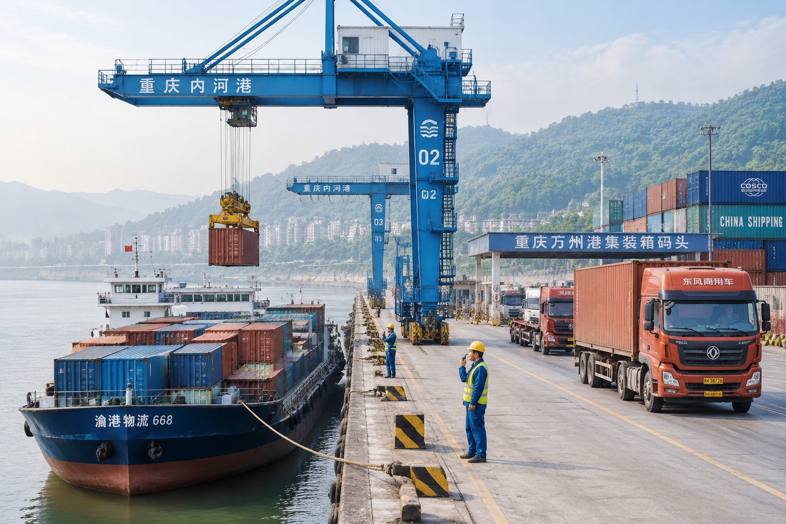 Gantry cranes unloading containers from a barge at a river port in Chongqing, China, with trucks waiting on the quay