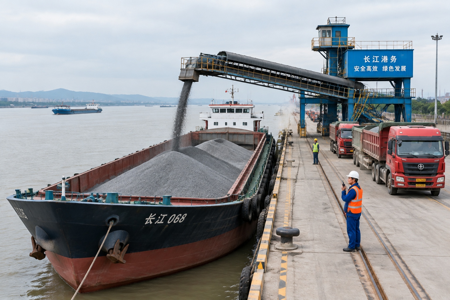 A barge loading bulk cargo beside a terminal on the Yangtze River while trucks wait on the same quay, showing the scale gap between river and road freight