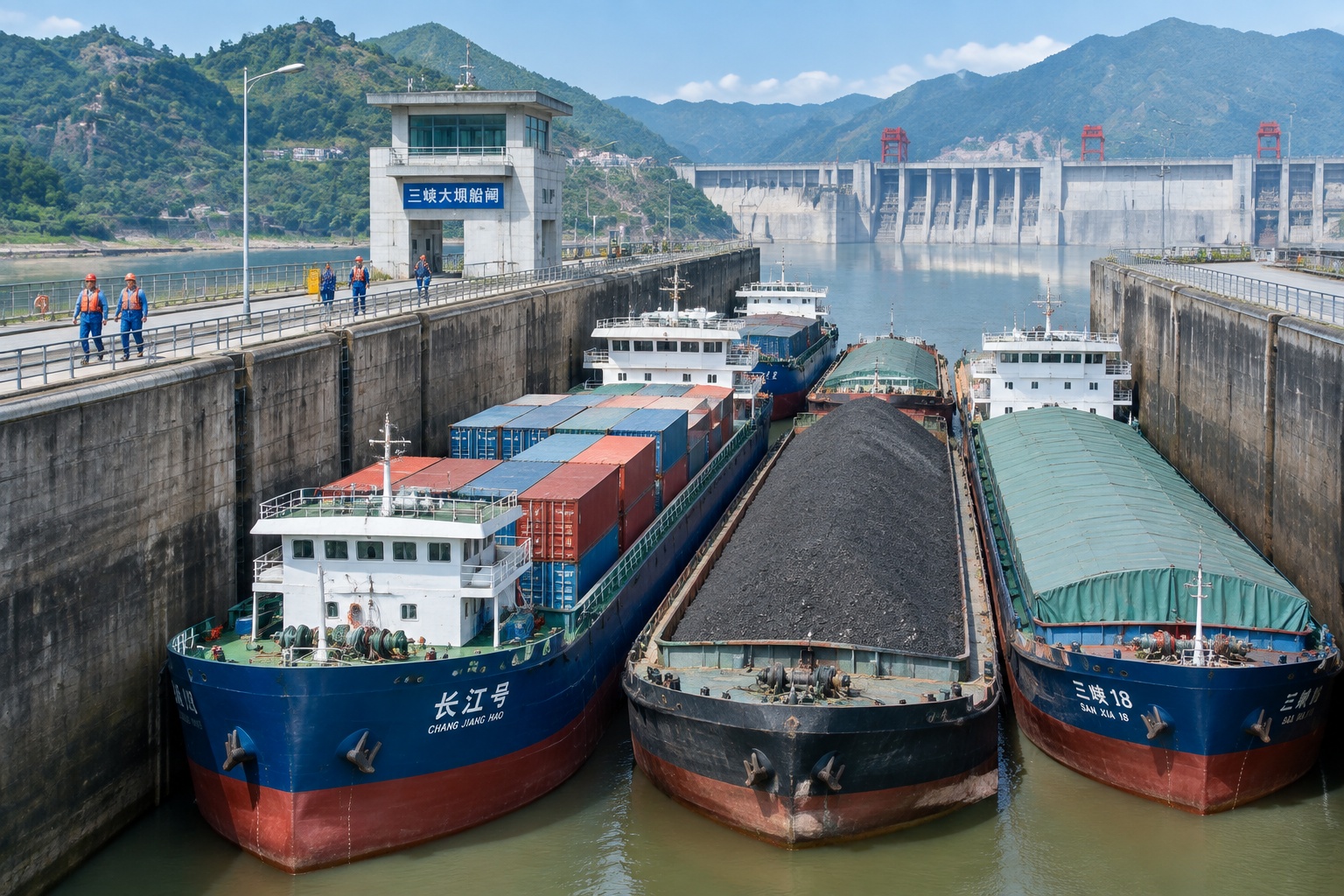 Cargo ships packed side by side inside the Three Gorges ship lock on the Yangtze River in China