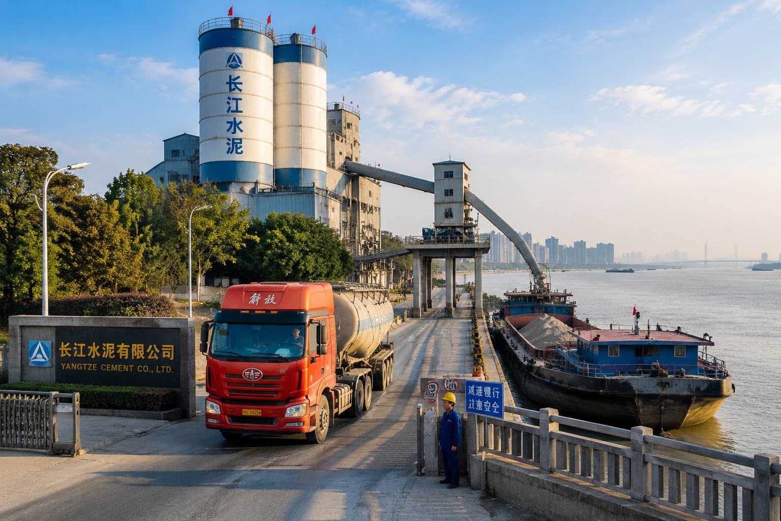 A cement plant with its own jetty on the Yangtze River loading a barge while a truck leaves the plant gate