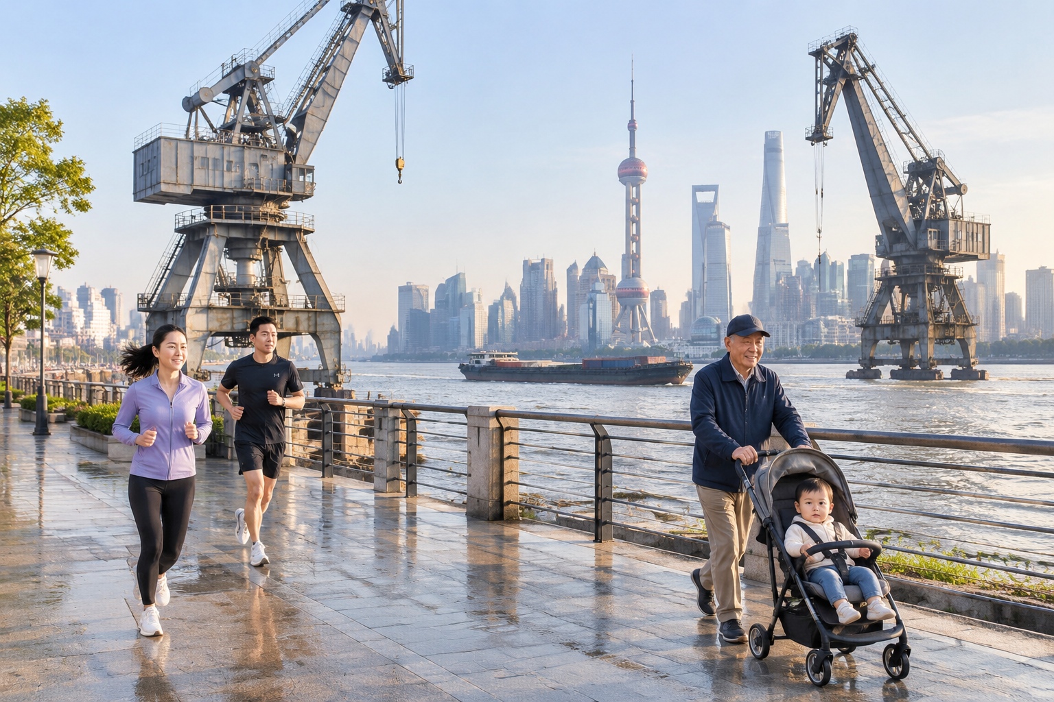 From Shanghai to Chongqing: How One River Links Three Economic Zones 22 Joggers and a grandfather with a stroller on the riverside path at Shanghai's Minsheng Wharf, with two preserved shipyard gantry cranes behind them and a cargo barge on the Huangpu
