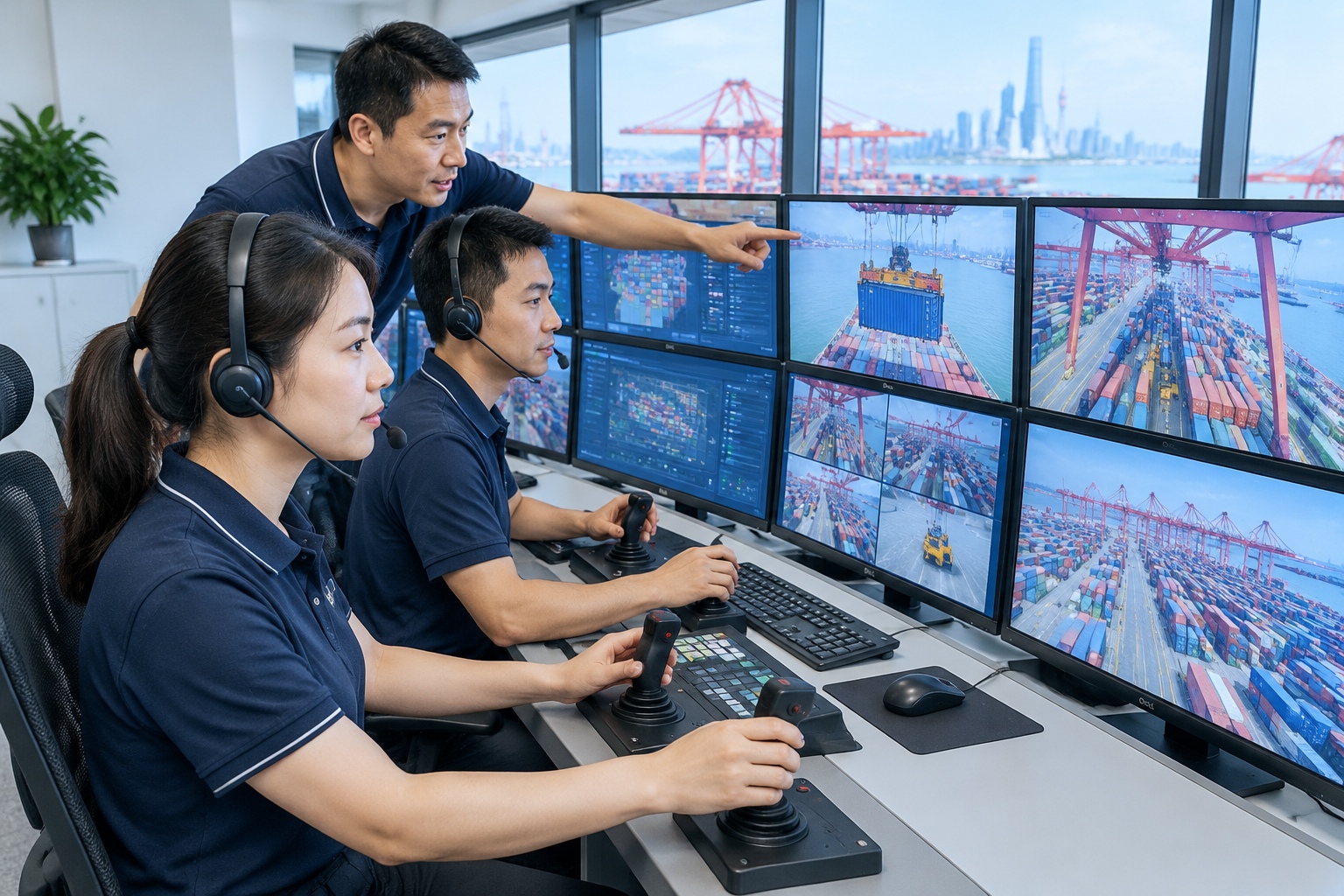 From Shanghai to Chongqing: How One River Links Three Economic Zones 23 Crane operators moving shipping containers with joysticks and monitor screens inside the control room of an automated container terminal near Shanghai