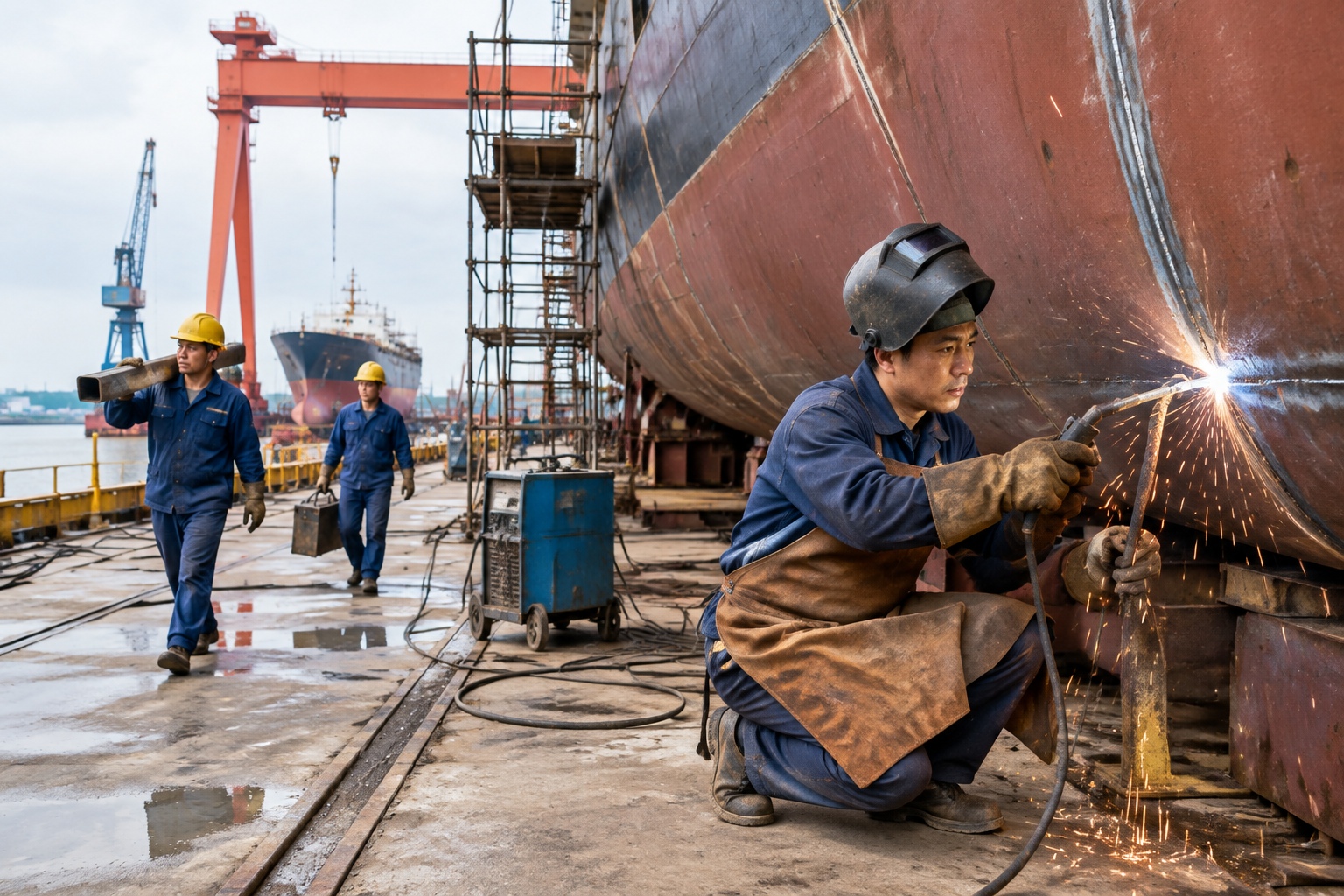 From Shanghai to Chongqing: How One River Links Three Economic Zones 24 A welder in protective gear working on the steel hull of a new ship inside a dry dock at a small shipyard on the Jiangsu bank of the Yangtze