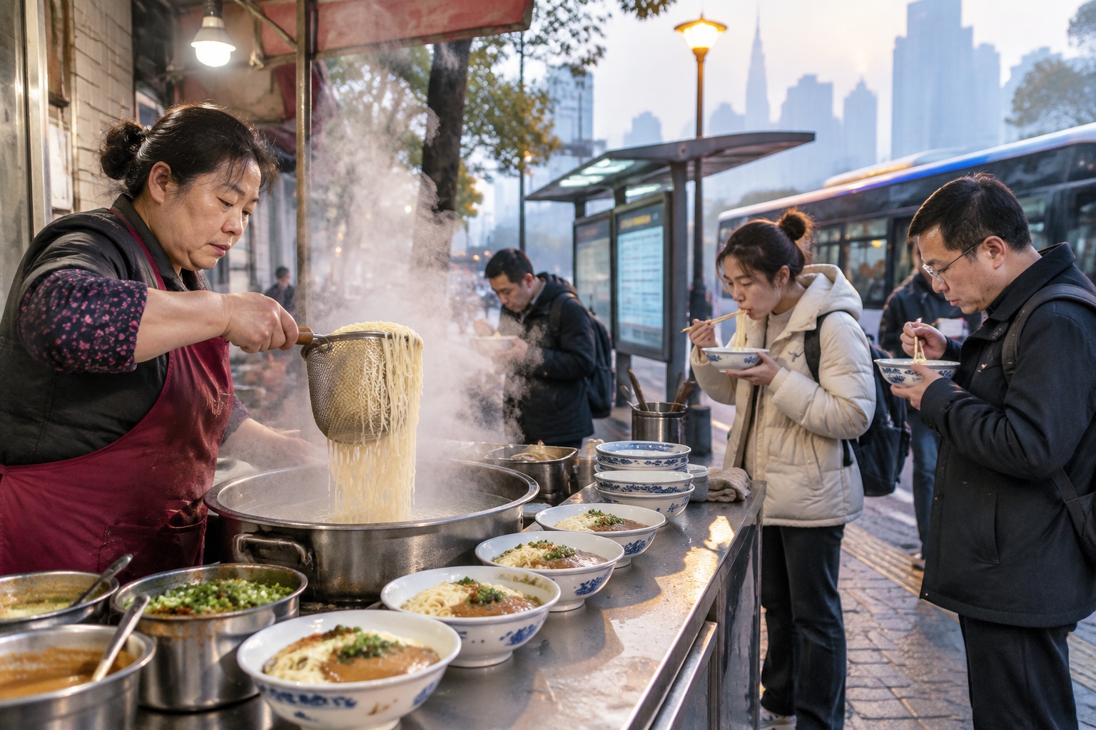 From Shanghai to Chongqing: How One River Links Three Economic Zones 25 Wuhan street breakfast stall at 6:30 a.m. with bowls of hot dry noodles on the counter and commuters eating standing beside a bus stop