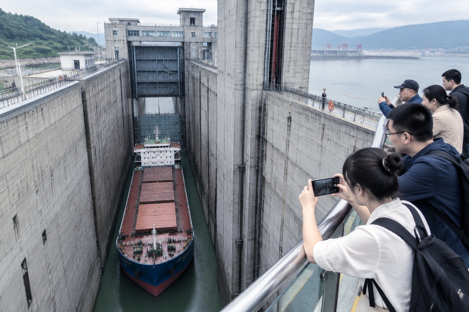 From Shanghai to Chongqing: How One River Links Three Economic Zones 26 A cargo ship inside the vertical ship lift chamber at the Three Gorges Dam in Yichang, seen from the observation deck with tourists watching