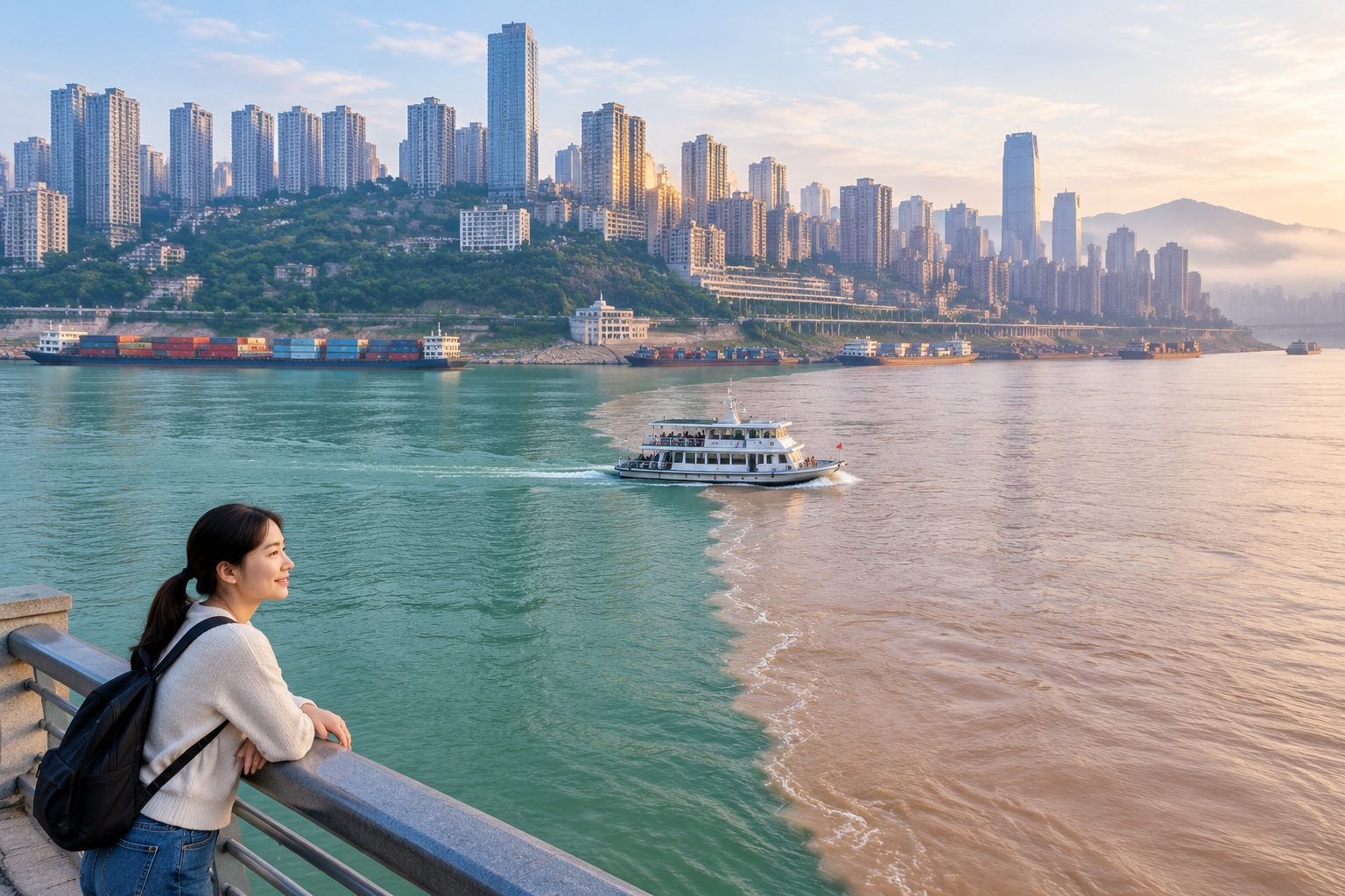 From Shanghai to Chongqing: How One River Links Three Economic Zones 27 Dawn view of the Jialing and Yangtze river confluence at Chaotianmen in Chongqing, where green and brown water flow side by side and a small ferry crosses