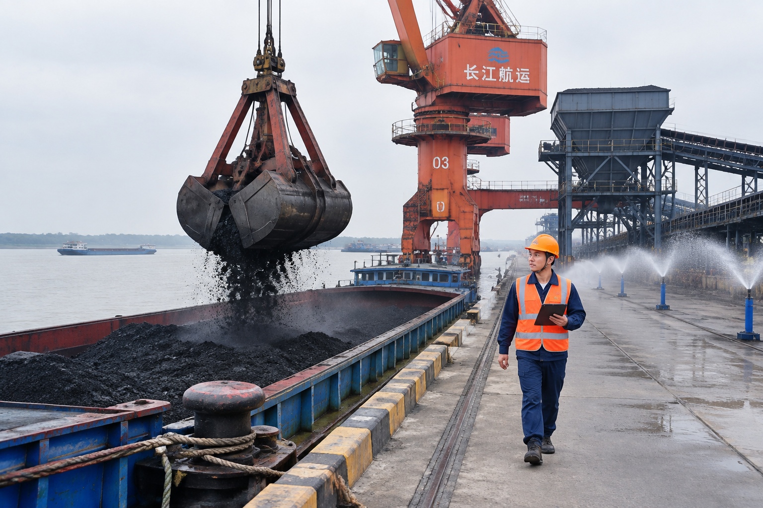 A grab crane unloading coal from a barge at a Yangtze River bulk terminal in the early morning, with sprinklers spraying water on the quay