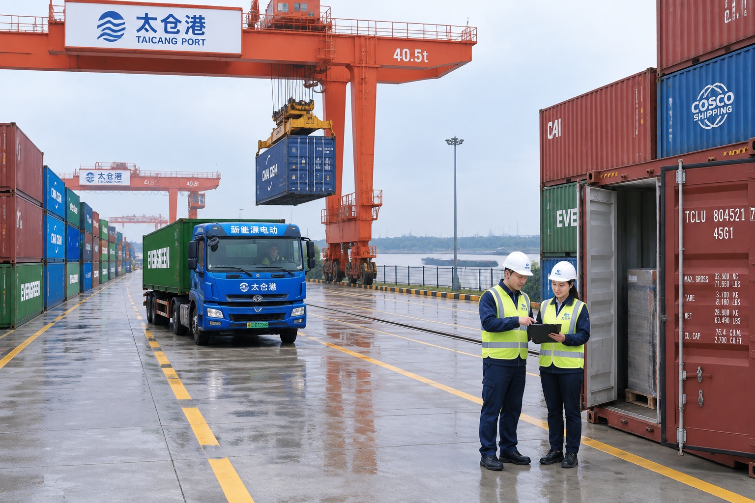 Stacked shipping containers and gantry cranes at the Taicang container yard on the Yangtze, with workers and an electric truck moving between lanes