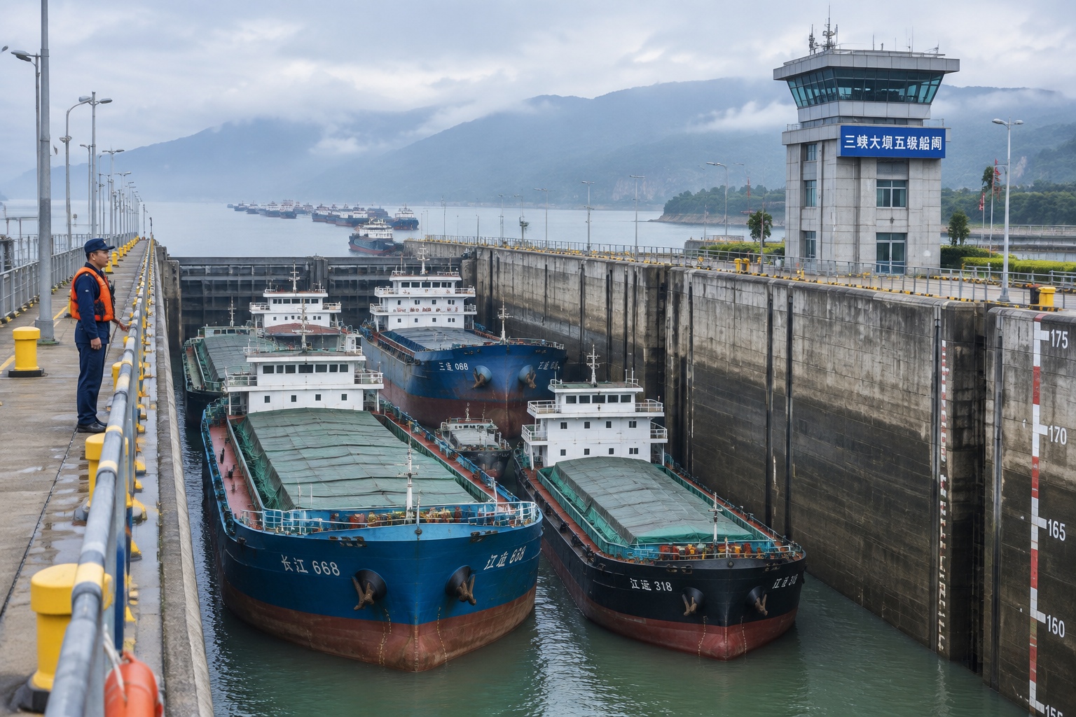 Cargo ships packed inside the five-stage ship lock at the Three Gorges Dam on the Yangtze River, with more vessels queued in the reservoir behind