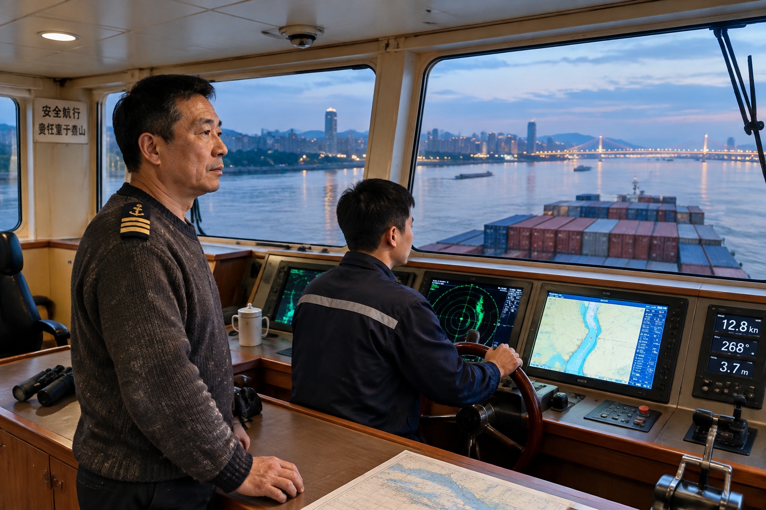 A captain and helmsman on the bridge of a river container ship travelling upstream on the Yangtze at dusk, with a riverside city ahead