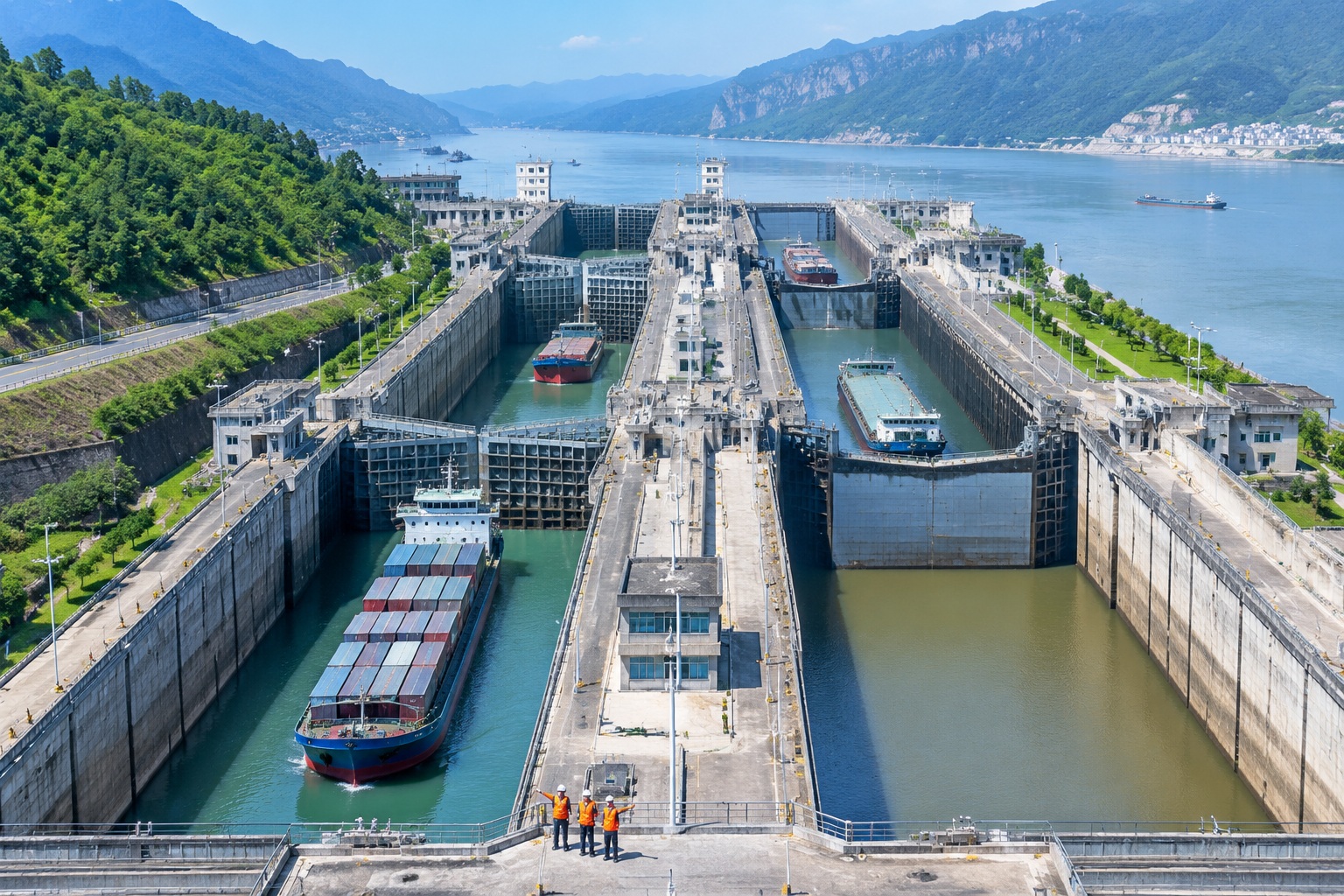 Aerial view of the twin five-step ship lock at the Three Gorges Dam with cargo ships in different lock chambers