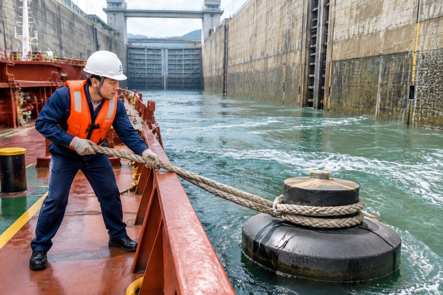 Crew member securing a cargo ship to a floating bollard inside the Three Gorges Dam ship lock