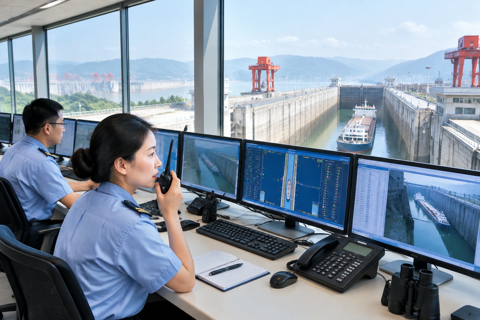 Operators monitoring ship traffic and water levels in the Three Gorges ship lock control room