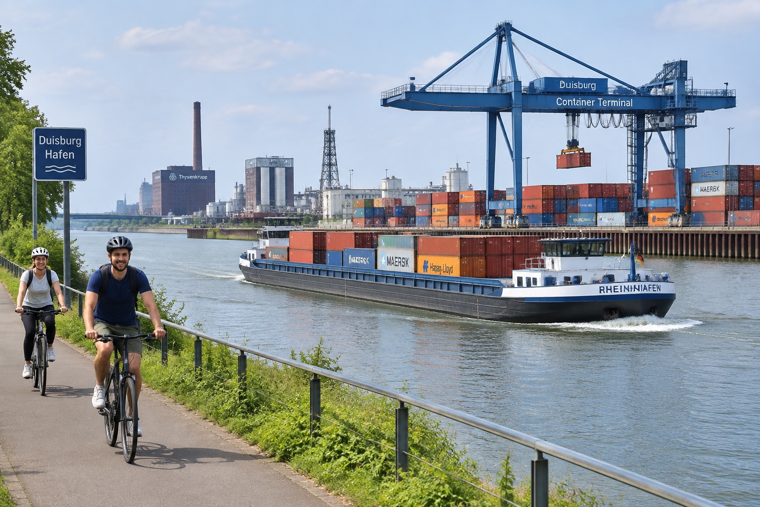 A Rhine barge loaded with containers passes the inland port of Duisburg, Germany, with cranes and stacked containers on the quay.