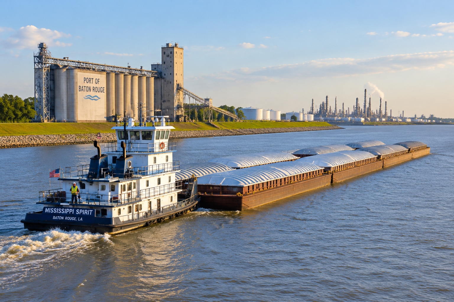 A tugboat pushes a long row of grain barges along the Mississippi River near Baton Rouge, with a grain elevator on the bank.