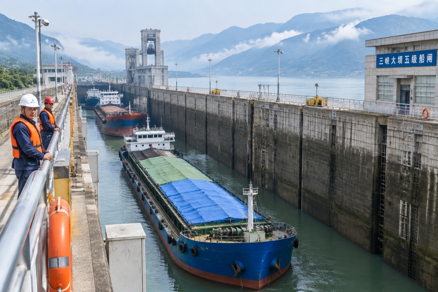 Cargo ships pass through the five-stage ship lock at the Three Gorges Dam on the Yangtze River, a key hub for inland shipping in China.
