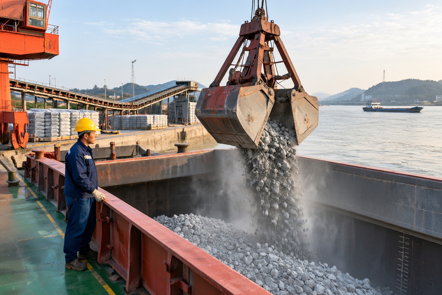 I Pilot Cargo Ships on the Yangtze: A Crew Member's Daily Life 22 A deckhand watches a crane grab loading grey cement clinker into the open hold of a bulk carrier at a wharf on the Yangtze River.